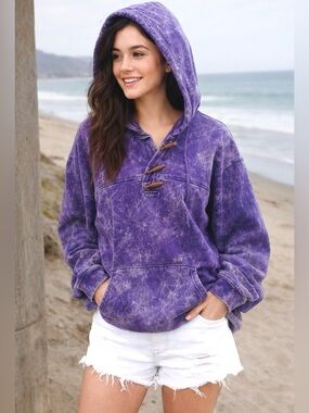 Vintage 80s Acid Wash Hoodie Womens M/L Oversized Slouchy Purple Sweatshirt COOL